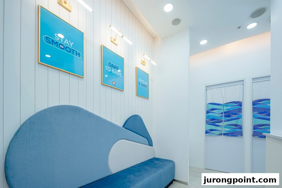 A modern, clean waiting area with a blue sofa and motivational artwork at Japan IPL Express.