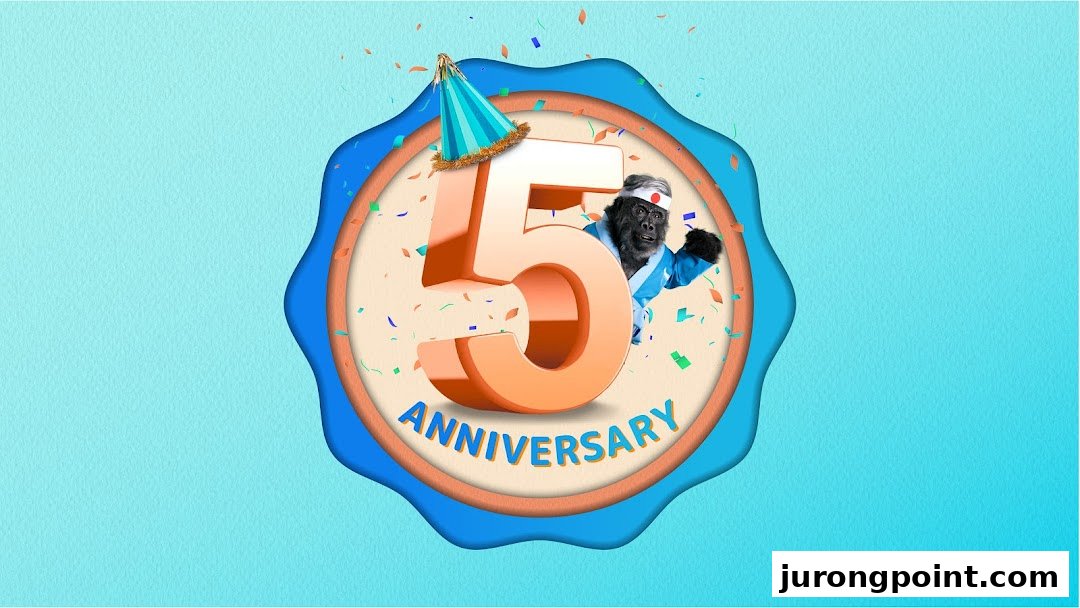 A vibrant graphic celebrating 5th anniversary with a gorilla mascot, confetti, and a party hat.