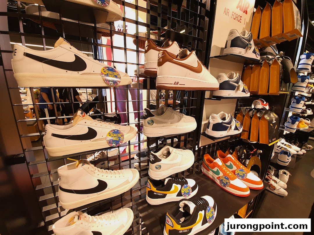 A vibrant display of Nike sneakers, including Air Force 1s and Blazers, showcased on shelves in a retail store.