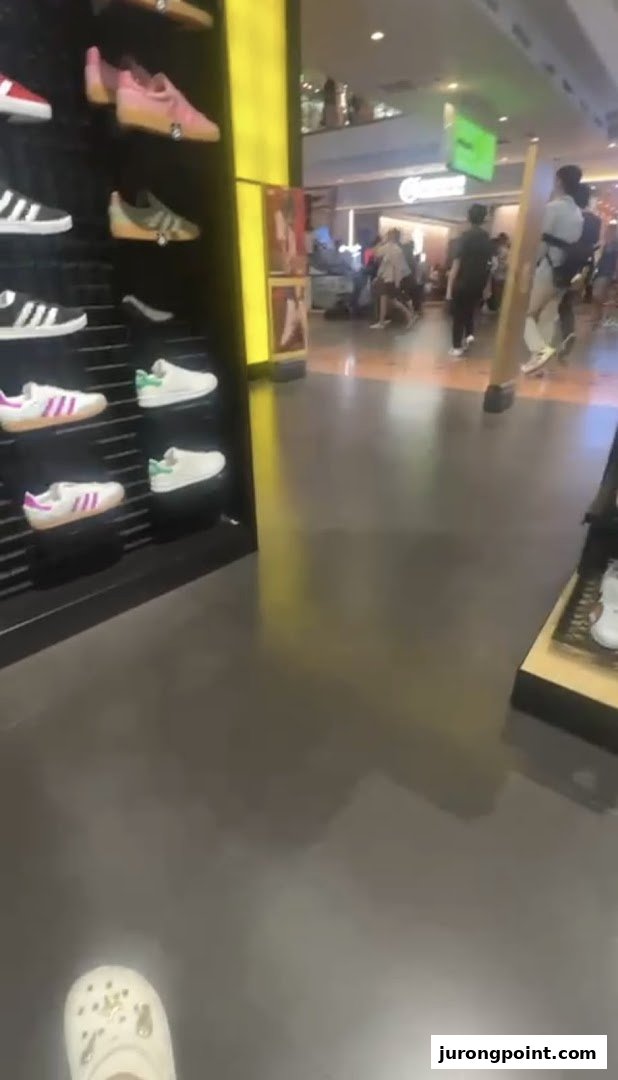 Interior view of JD Sports showcasing various sneakers on display shelves.