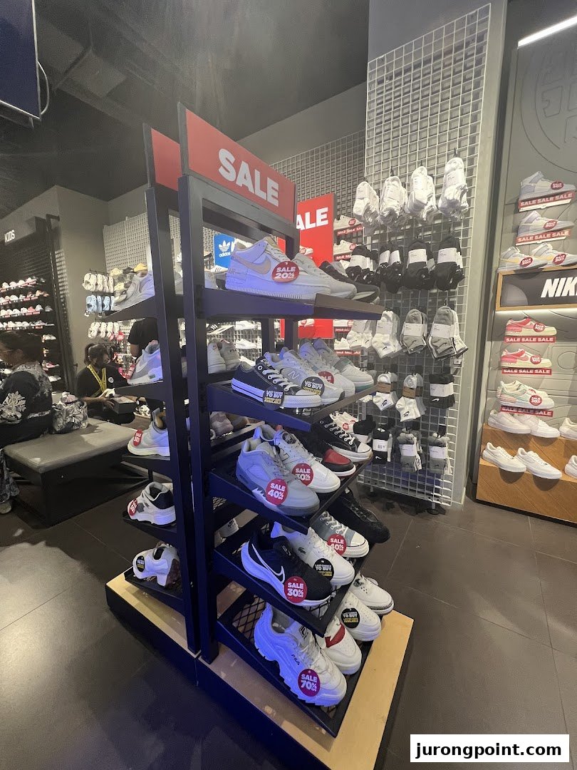 An interior view of JD Sports showcasing a multi-tiered display of sneakers with various sale discounts.