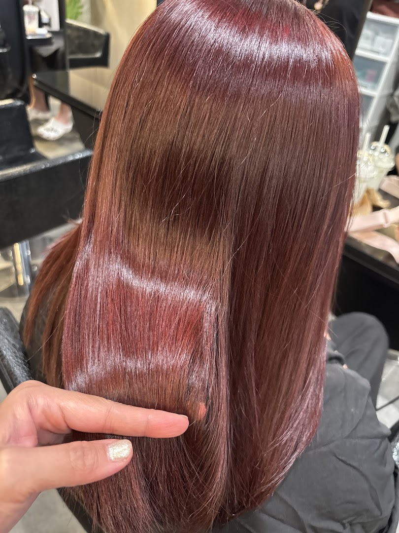 Close-up of a person's long, reddish-brown hair, showcasing its smooth texture and vibrant color.