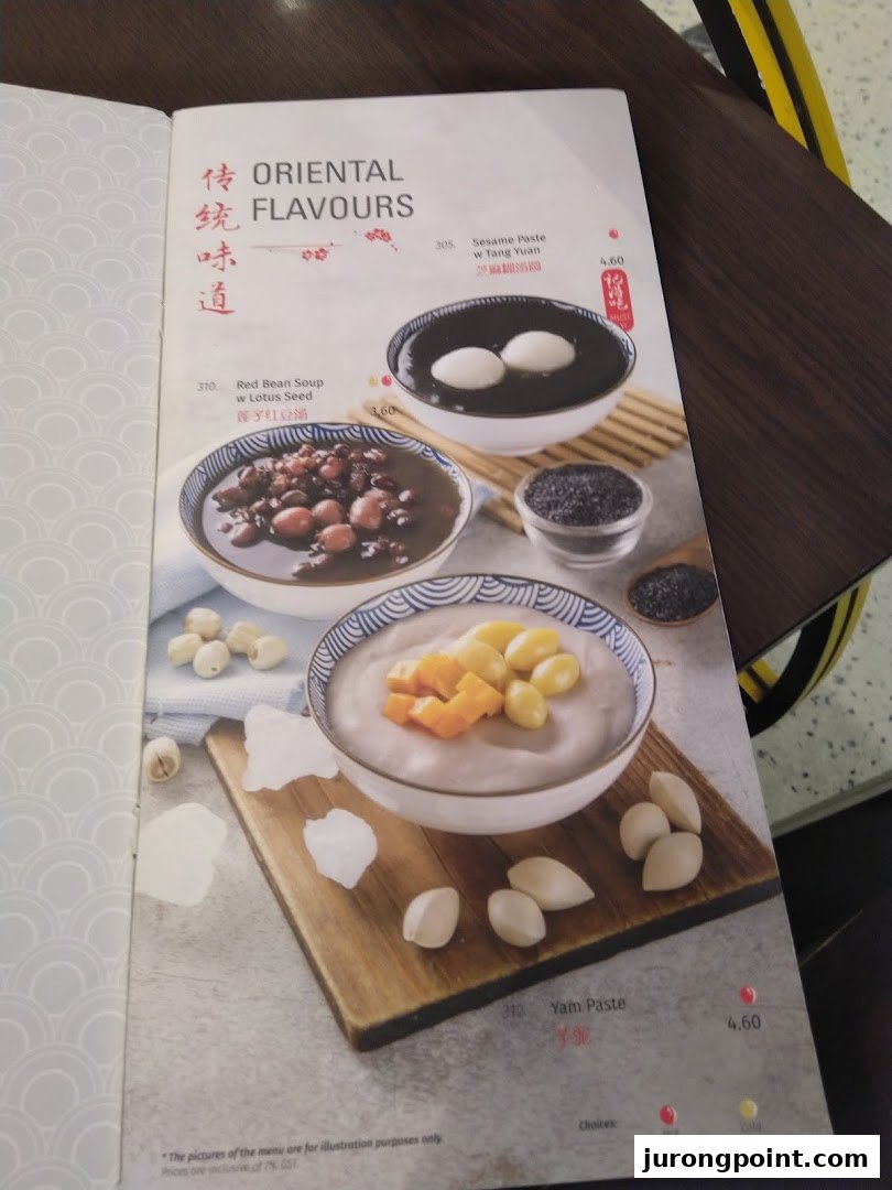 A menu page from Ji De Chi Dessert showcasing traditional Oriental dessert soups and pastes with prices.