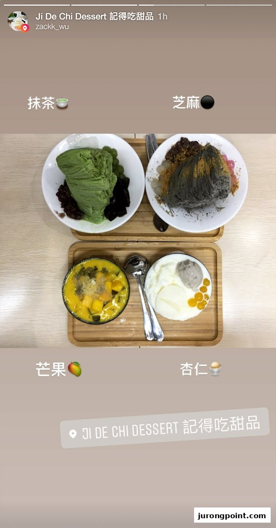 Four delightful desserts, including matcha, sesame, mango, and almond, from Ji De Chi Dessert.