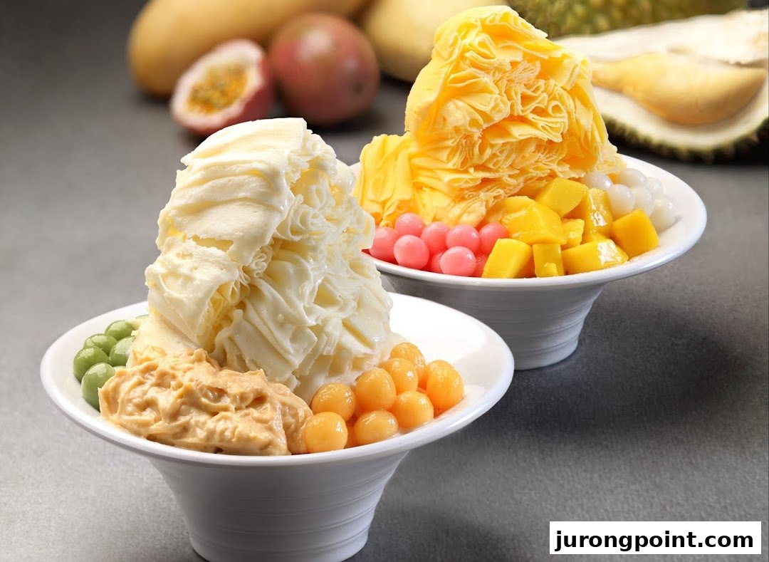 Two bowls of colorful shaved ice desserts with various fruit toppings and pearls.