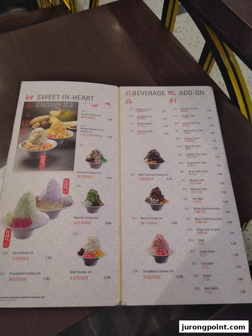 A detailed menu displaying various snowy ice desserts, beverages, and add-ons from Ji De Chi Dessert.