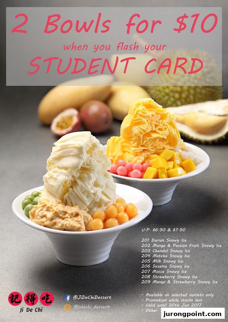 A promotional poster showcasing two bowls of snowy ice desserts with a student discount offer.