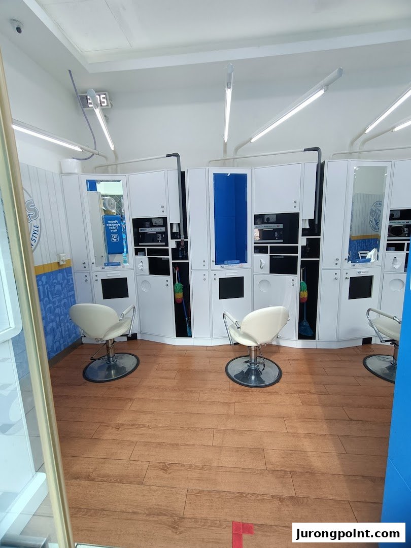 Interior view of kcuts, showcasing multiple modern haircut stations with white chairs and equipment.
