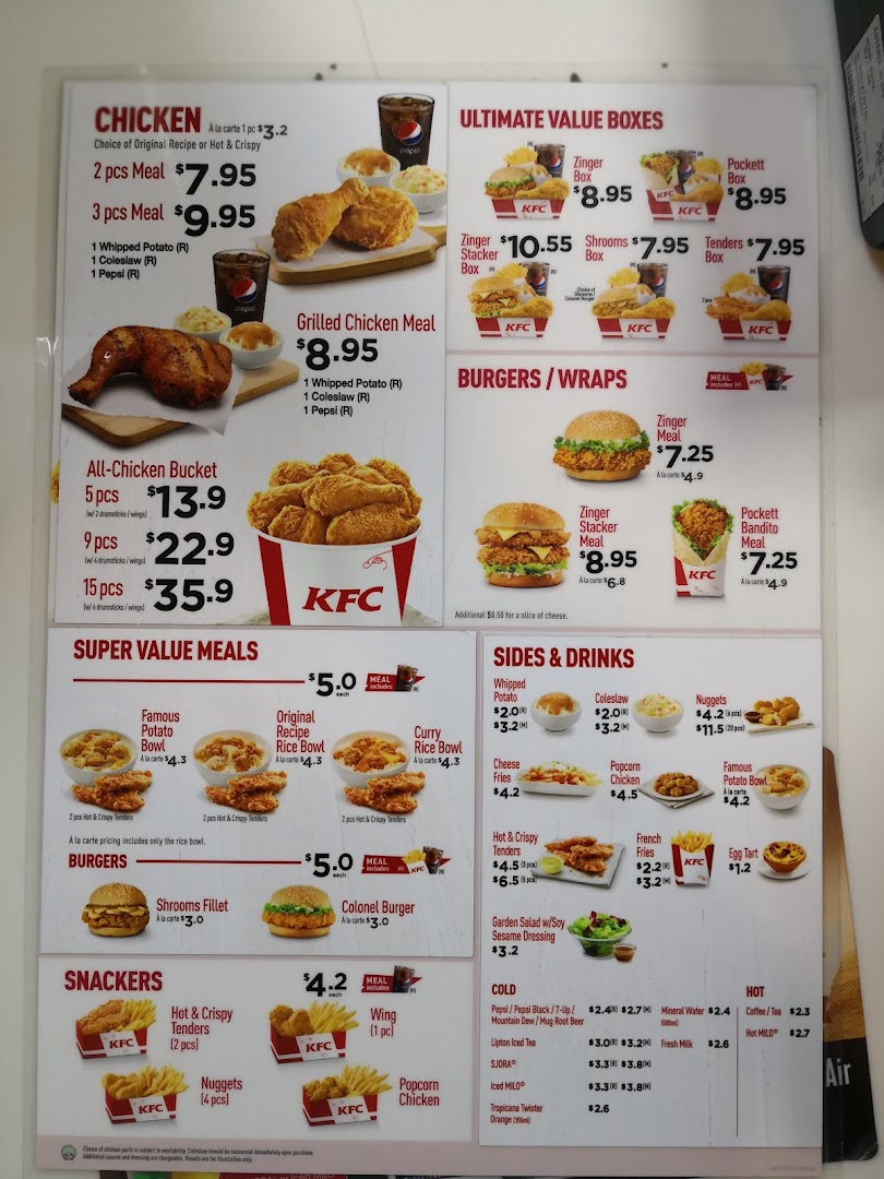 A detailed menu board displaying KFC's chicken, burgers, sides, and drinks with prices.