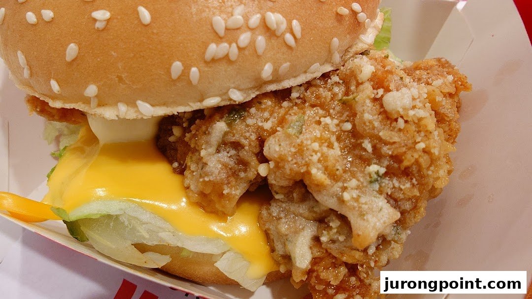 A close-up of a crispy fried chicken burger with melted cheese and lettuce in a sesame seed bun.