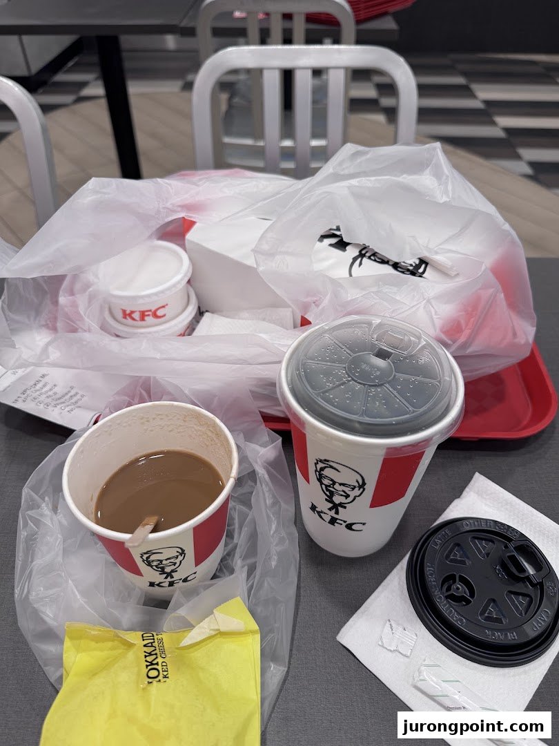 A KFC meal with drinks and packaging on a table, ready to be enjoyed.