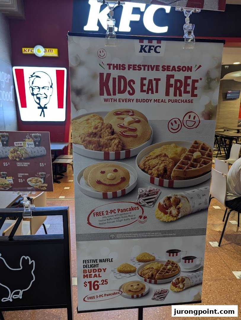 A KFC promotional standee advertises 'Kids Eat Free' with Buddy Meal purchases and breakfast items.