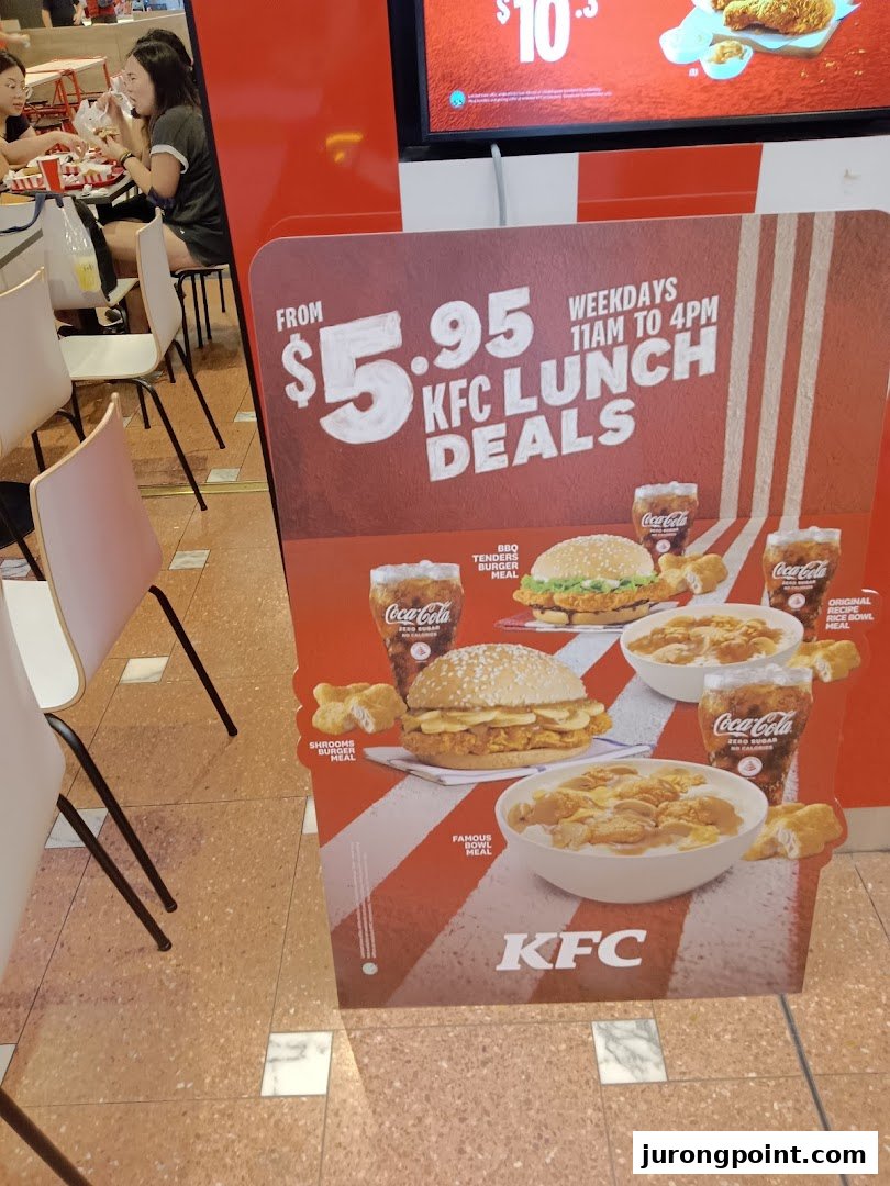 A promotional sign for KFC Lunch Deals with customers dining in the background.