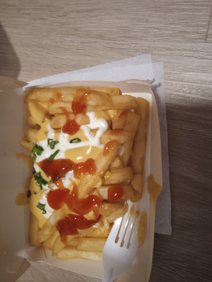 Golden fries topped with cheese sauce, ketchup, mayonnaise, and green onions in a takeaway box.