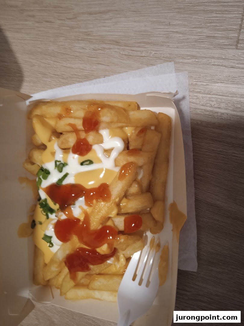 Golden fries topped with cheese sauce, ketchup, mayonnaise, and green onions in a takeaway box.