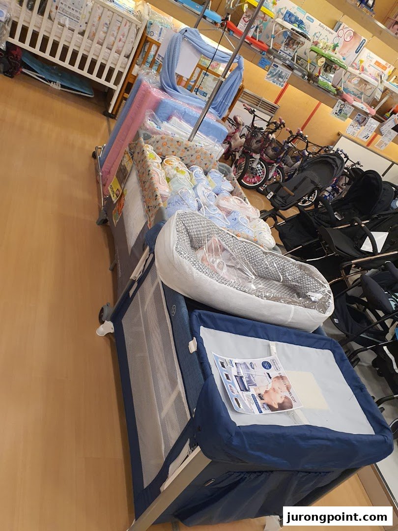 An aisle in Kiddy Palace showcasing baby cribs, strollers, and various infant essentials for new parents.