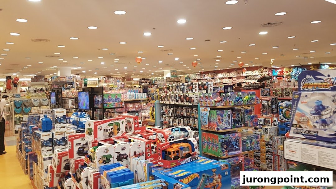 An expansive interior view of Kiddy Palace, showcasing numerous aisles filled with toys and children's products.