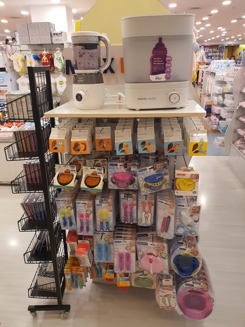 A vibrant display of baby feeding appliances and accessories, including Philips Avent products.