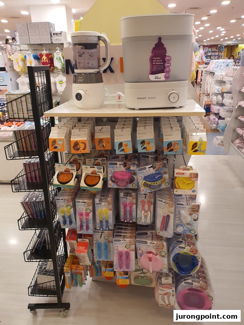 A vibrant display of baby feeding appliances and accessories, including Philips Avent products.