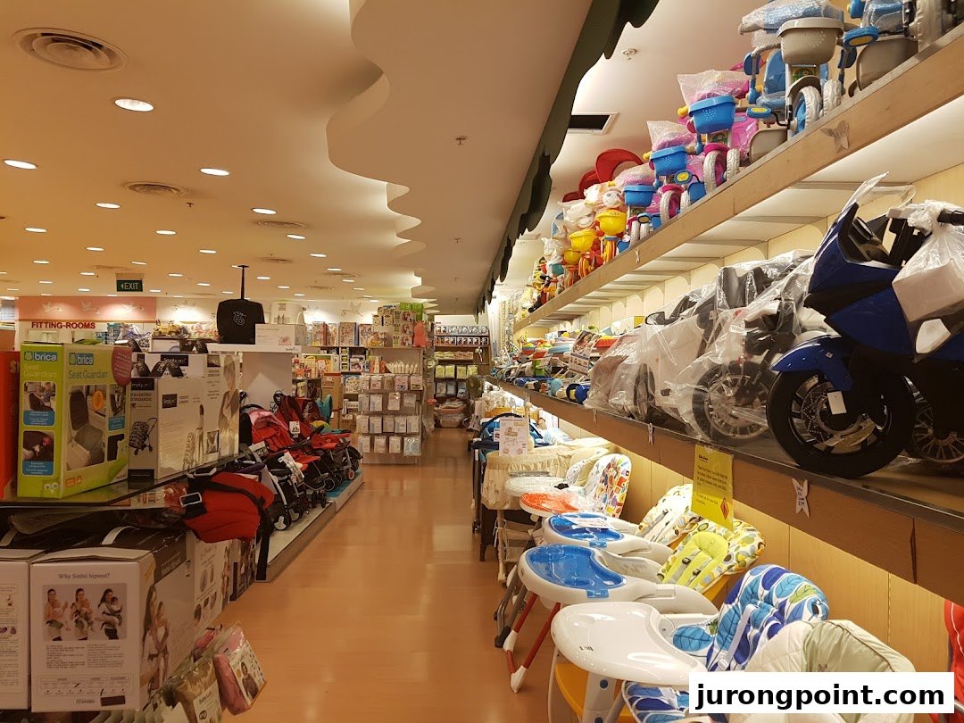 Interior view of Kiddy Palace, showcasing baby gear, strollers, high chairs, and ride-on toys.