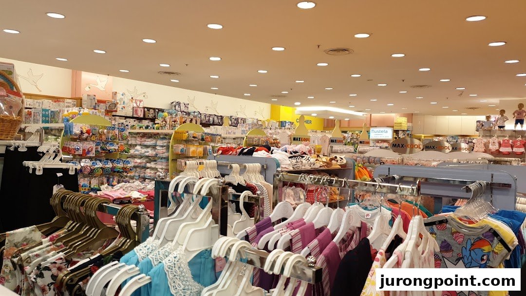 An interior view of Kiddy Palace, showcasing a wide array of baby and children's clothing, toys, and essential products.