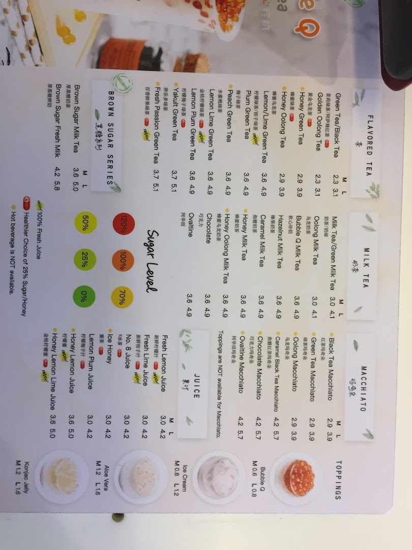 A detailed menu from KOI Thé, featuring various bubble tea, juice, and macchiato options.