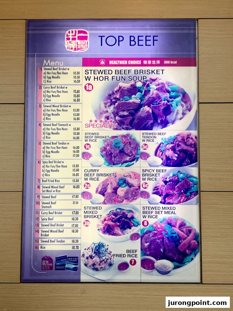 A detailed menu board for Top Beef, showcasing various stewed beef dishes with prices and images.