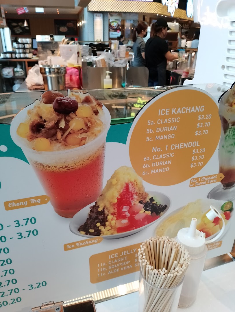 A vibrant menu display showcasing traditional Asian desserts like Ice Kachang, Chendol, and Cheng Tng.