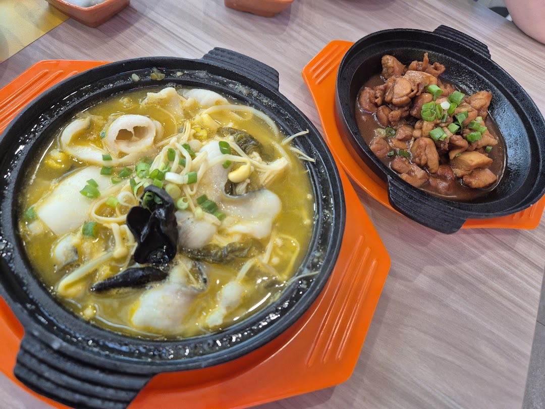 Two delicious hotpot dishes, one with fish and the other with chicken, served on a table.