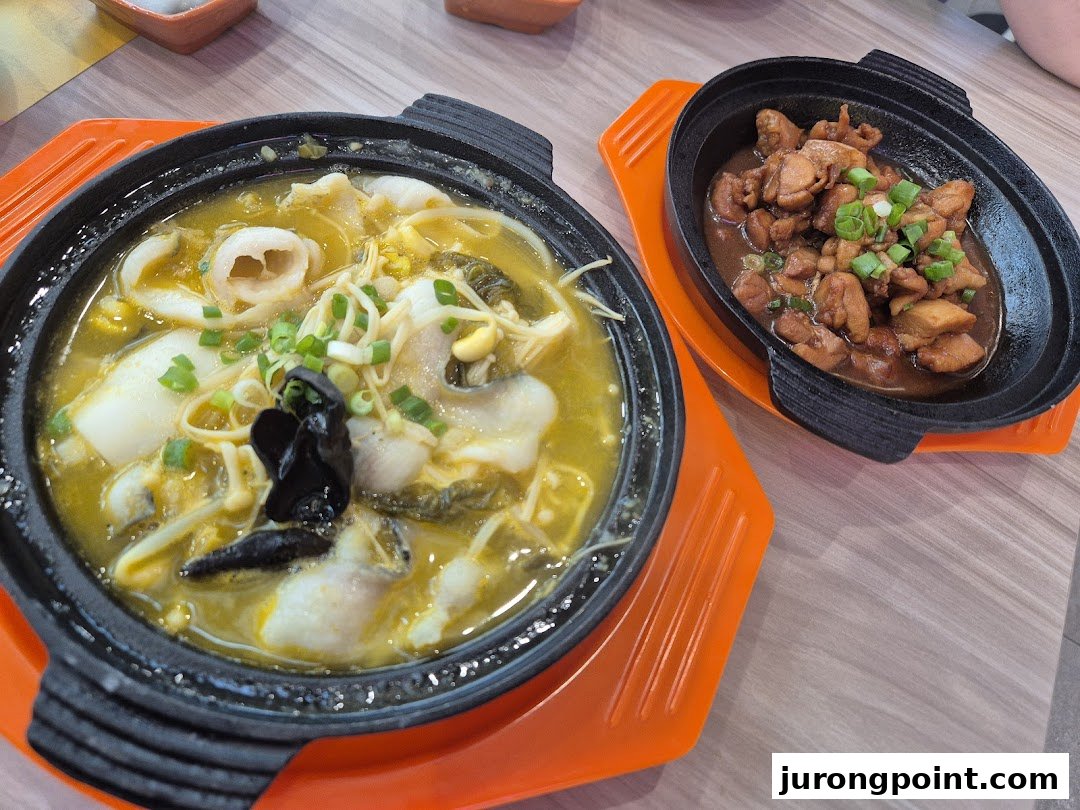 Two delicious hotpot dishes, one with fish and the other with chicken, served on a table.