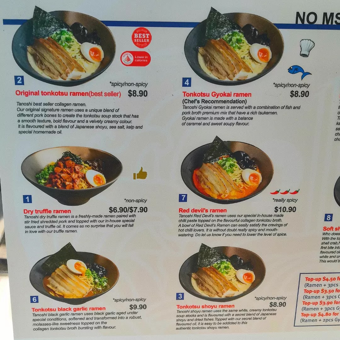 A detailed menu board showcasing various ramen dishes with descriptions and prices.