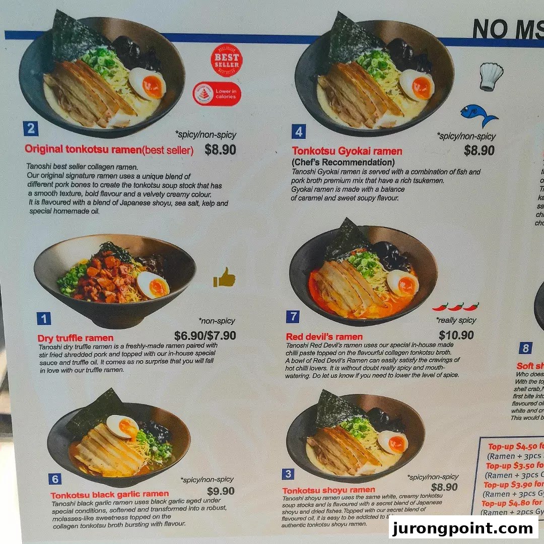 A detailed menu board showcasing various ramen dishes with descriptions and prices.