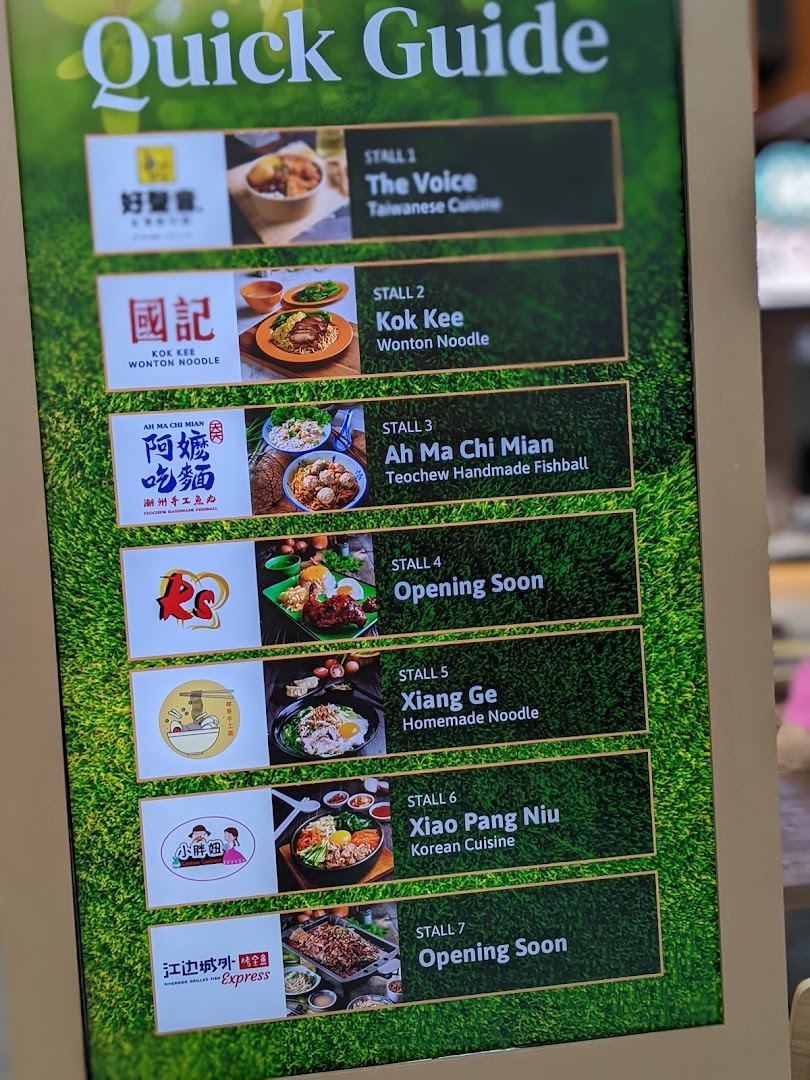 A digital quick guide displaying various food stalls and their cuisines within Kopitiam Food Hall.