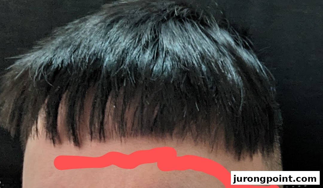 A close-up view of a person's dark hair, showcasing a fresh, precise haircut with a clean fringe.