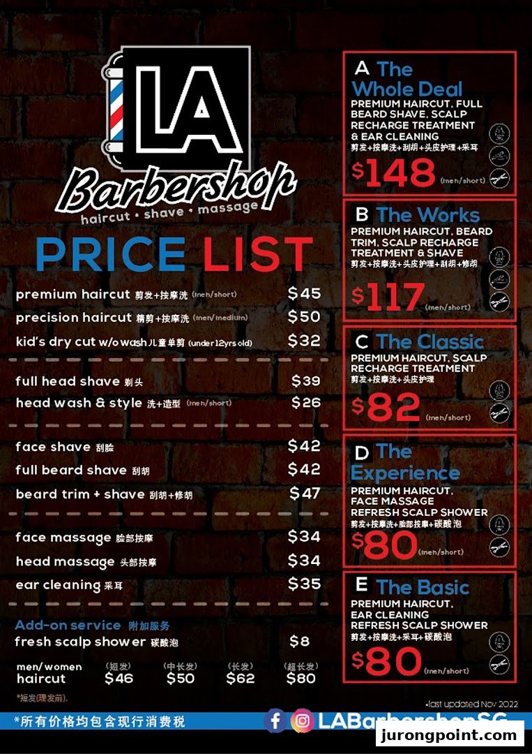 A detailed price list for various haircut, shave, massage, and package services at LA Barbershop.
