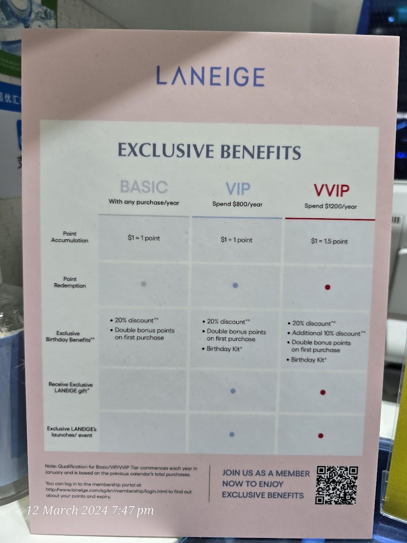 A sign at Laneige detailing exclusive membership benefits for Basic, VIP, and VVIP tiers.