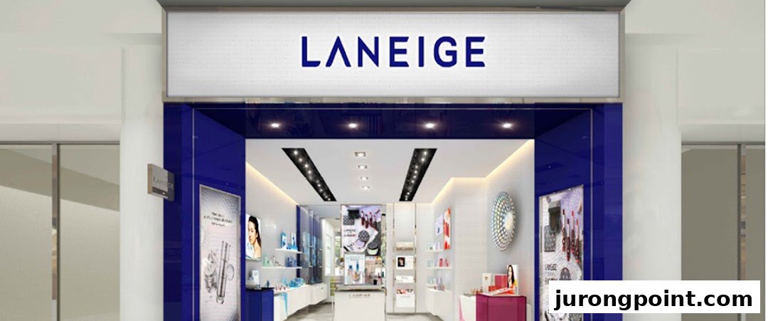 The bright and inviting storefront of LANEIGE, showcasing its prominent blue and white branding.