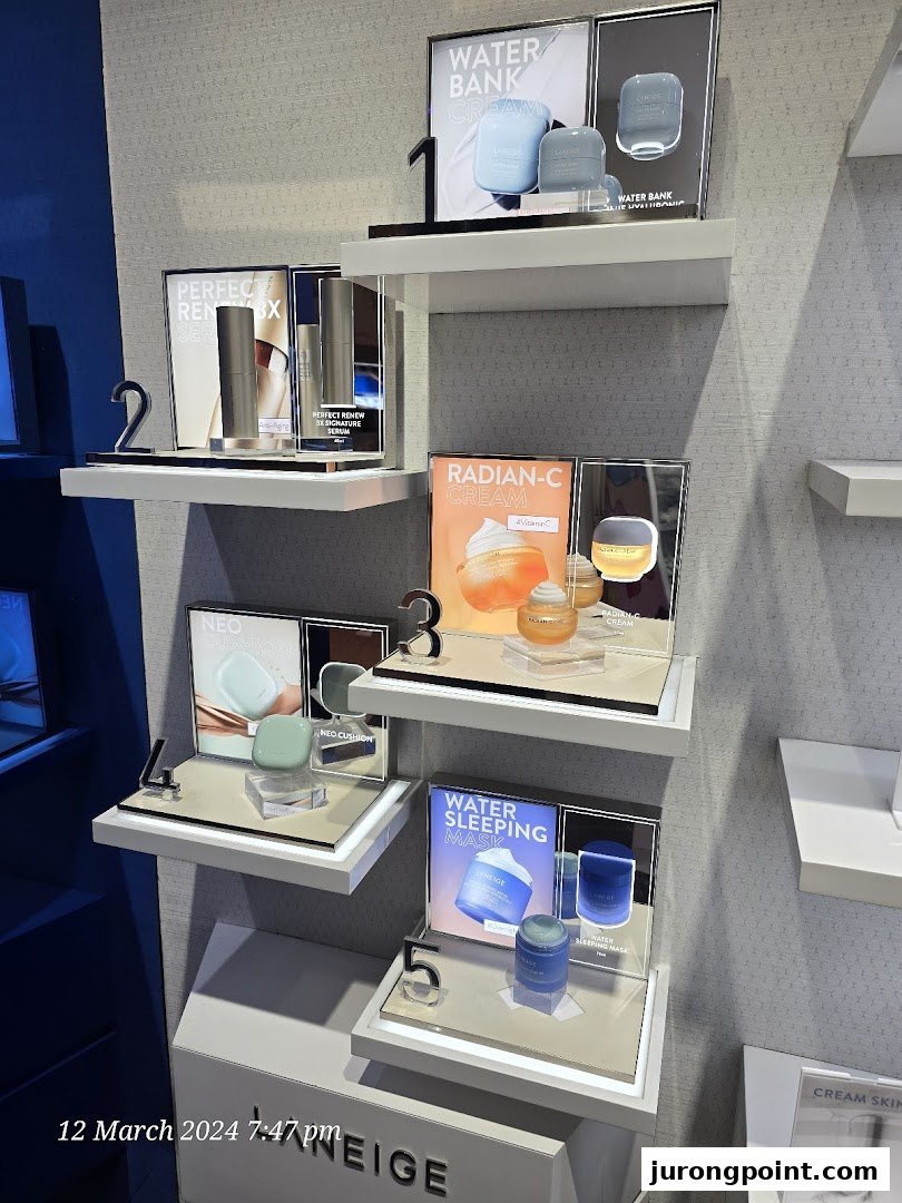 A vibrant display of LANEIGE skincare products, including Water Bank, Perfect Renew, Radian-C, Neo Cushion, and Water Sleeping Mask.