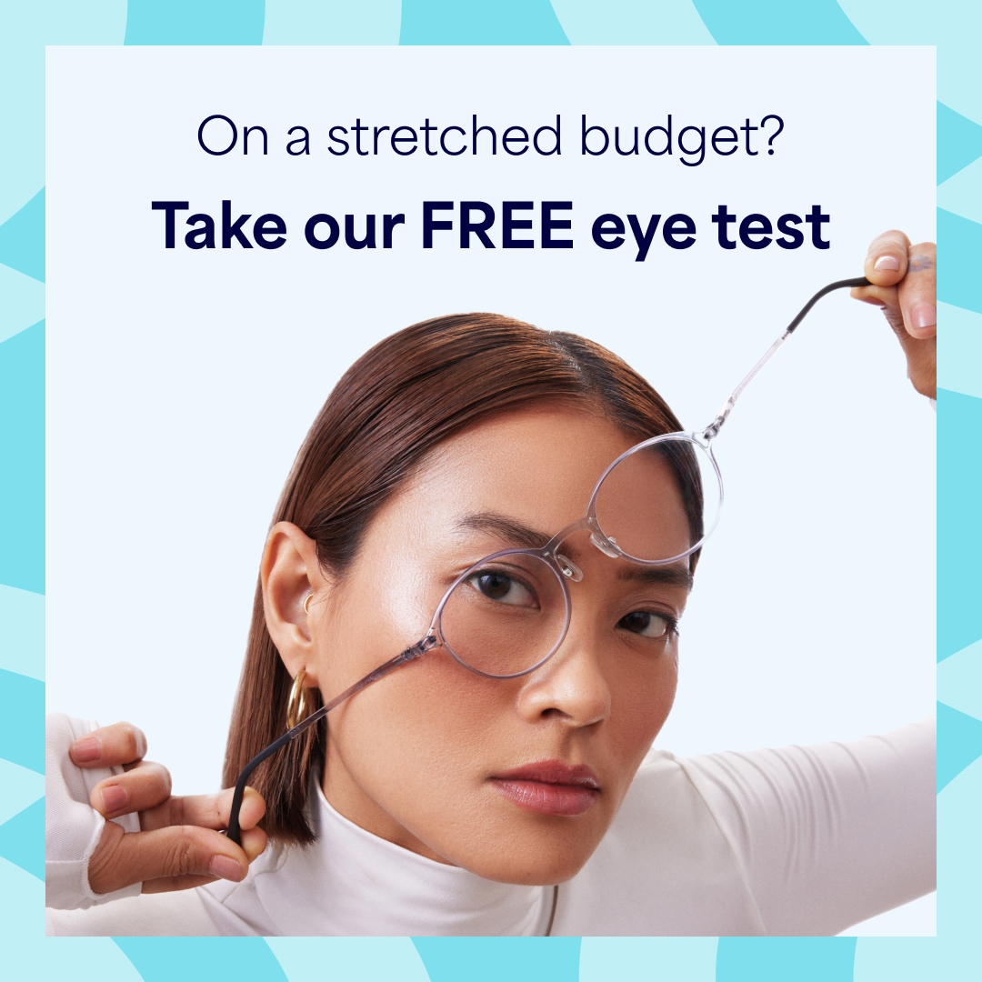 A model holding glasses, promoting Lenskart's free eye test with text 'On a stretched budget? Take our FREE eye test'.