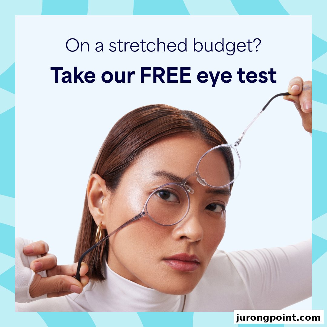 A model holding glasses, promoting Lenskart's free eye test with text 'On a stretched budget? Take our FREE eye test'.
