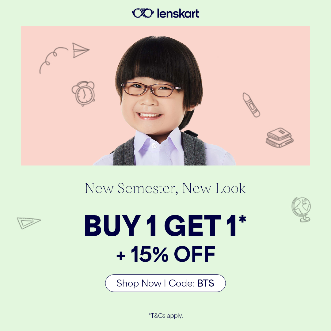 An advertisement for Lenskart featuring a child in glasses and a 'Buy 1 Get 1 + 15% Off' offer.