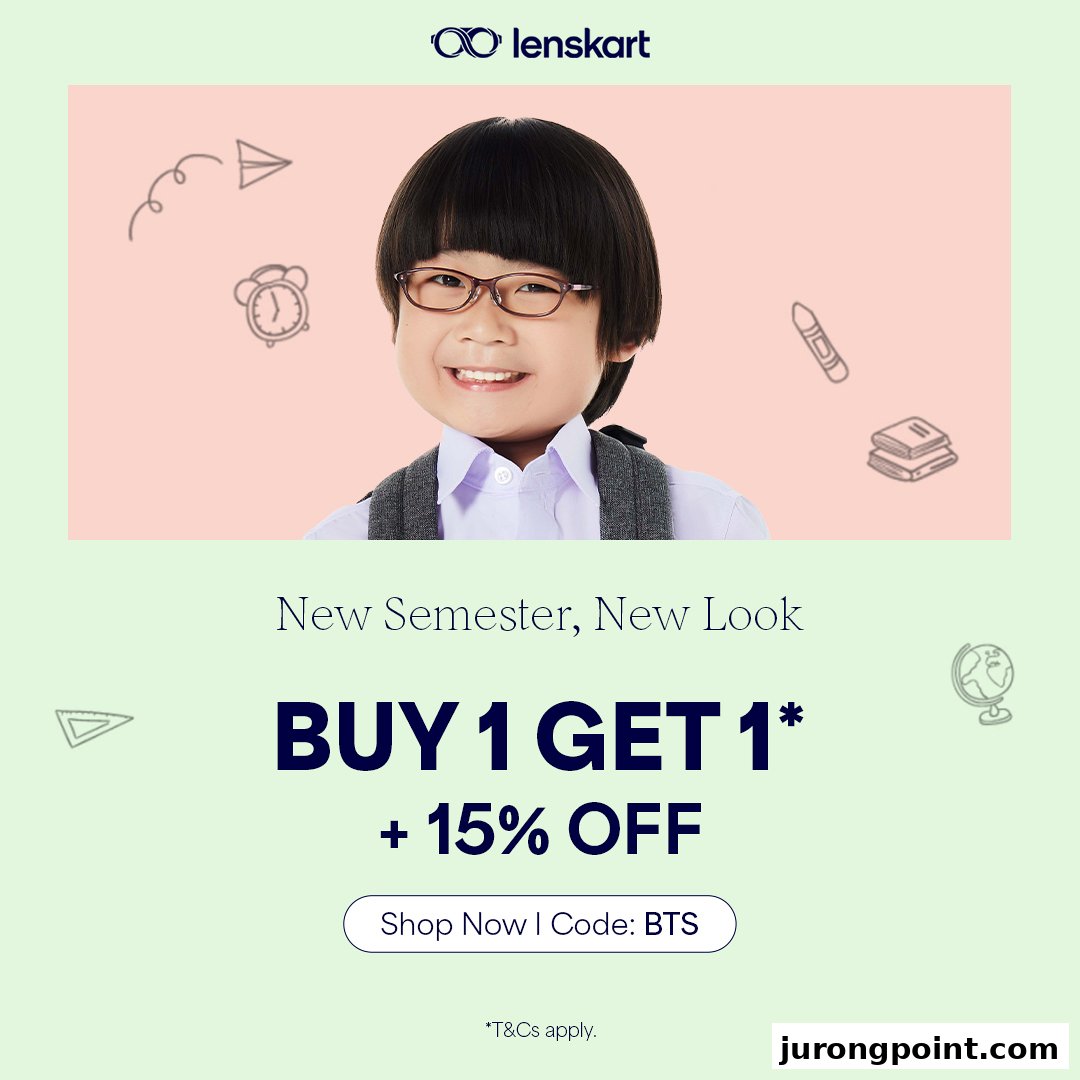 An advertisement for Lenskart featuring a child in glasses and a 'Buy 1 Get 1 + 15% Off' offer.