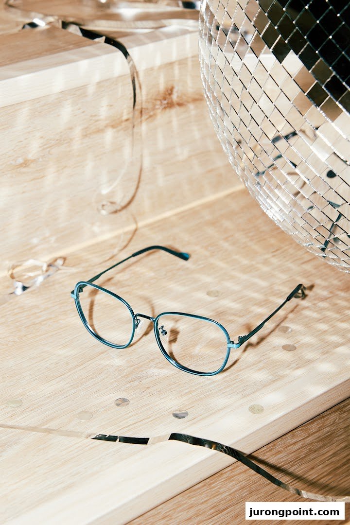 Stylish blue eyeglasses on a wooden surface with a disco ball and confetti.