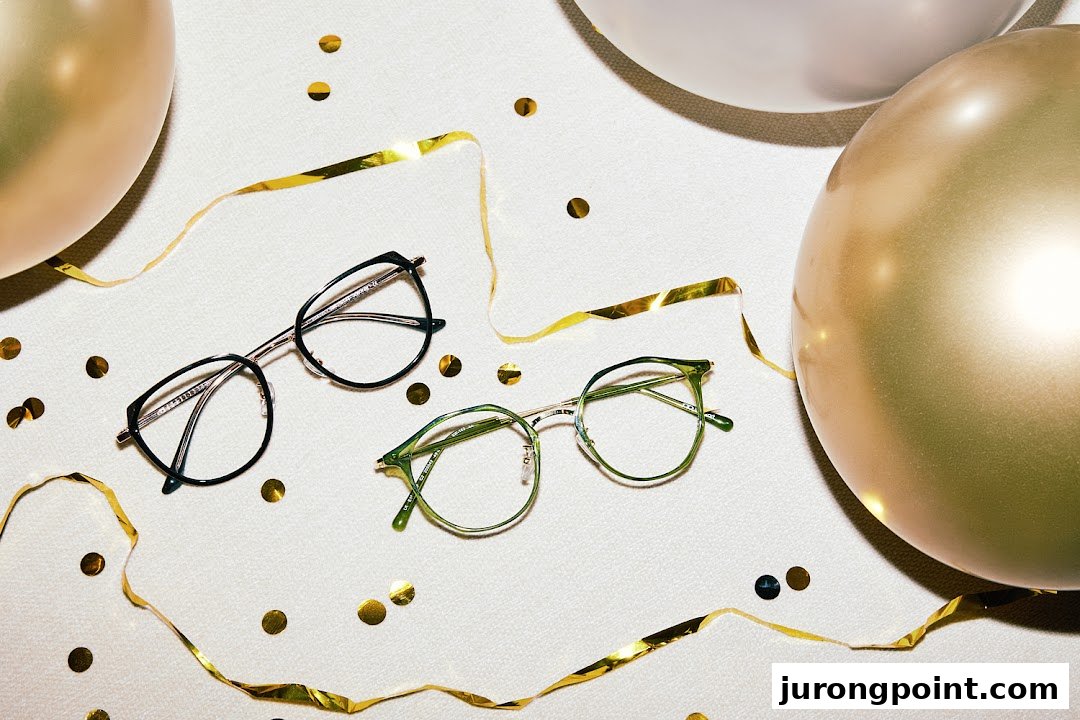 Two stylish pairs of eyeglasses are displayed amidst golden confetti and balloons on a white surface.