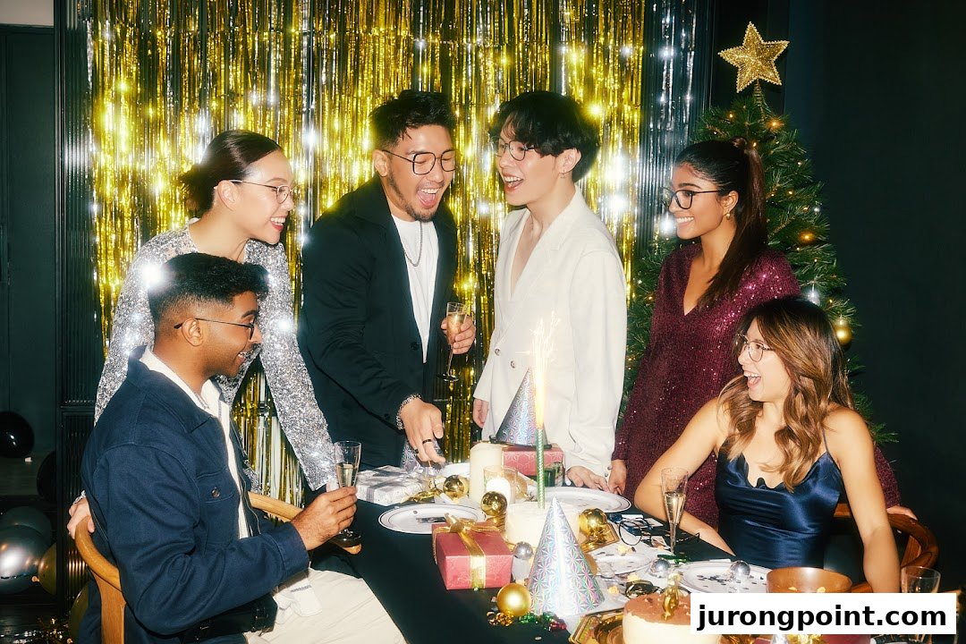 A diverse group of friends wearing stylish eyewear celebrates joyfully at a festive party with cake and champagne.