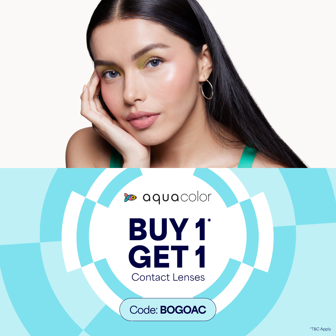 A model showcasing AquaColor contact lenses with a 'Buy 1 Get 1' offer and promo code.