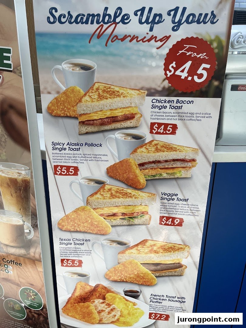 A vibrant breakfast menu board featuring various toast and platter options with prices.
