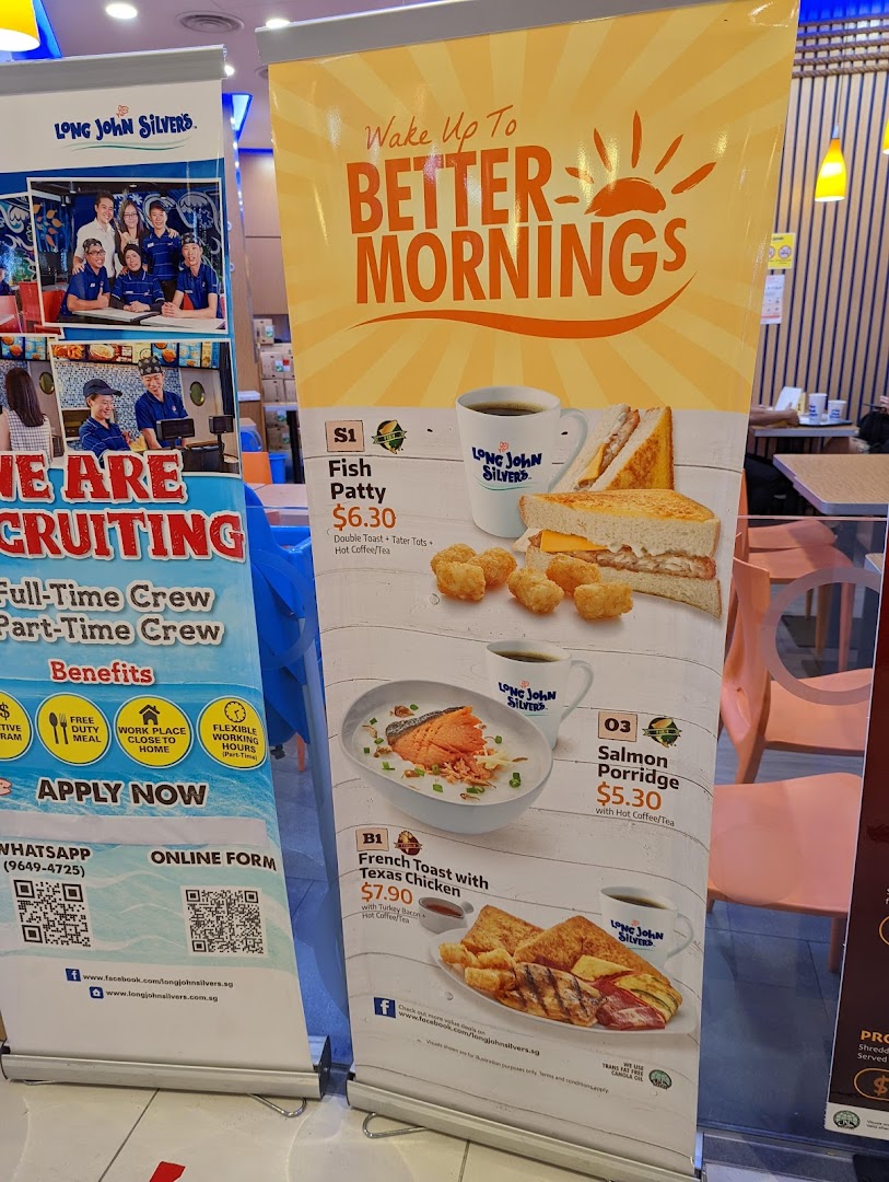 A promotional banner displaying breakfast menu items and prices for Long John Silver's.