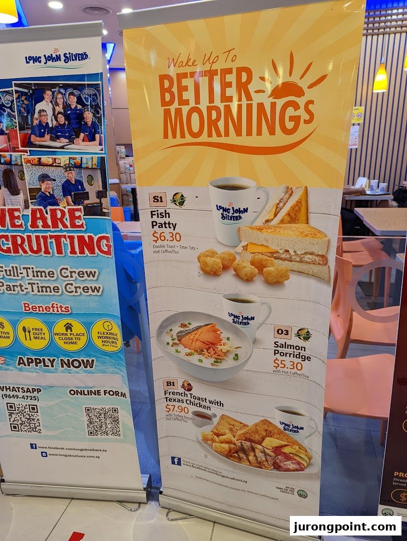 A promotional banner displaying breakfast menu items and prices for Long John Silver's.