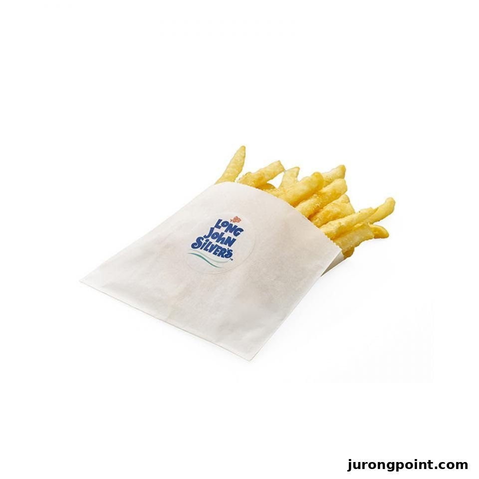 A white paper bag filled with golden french fries from Long John Silver's.